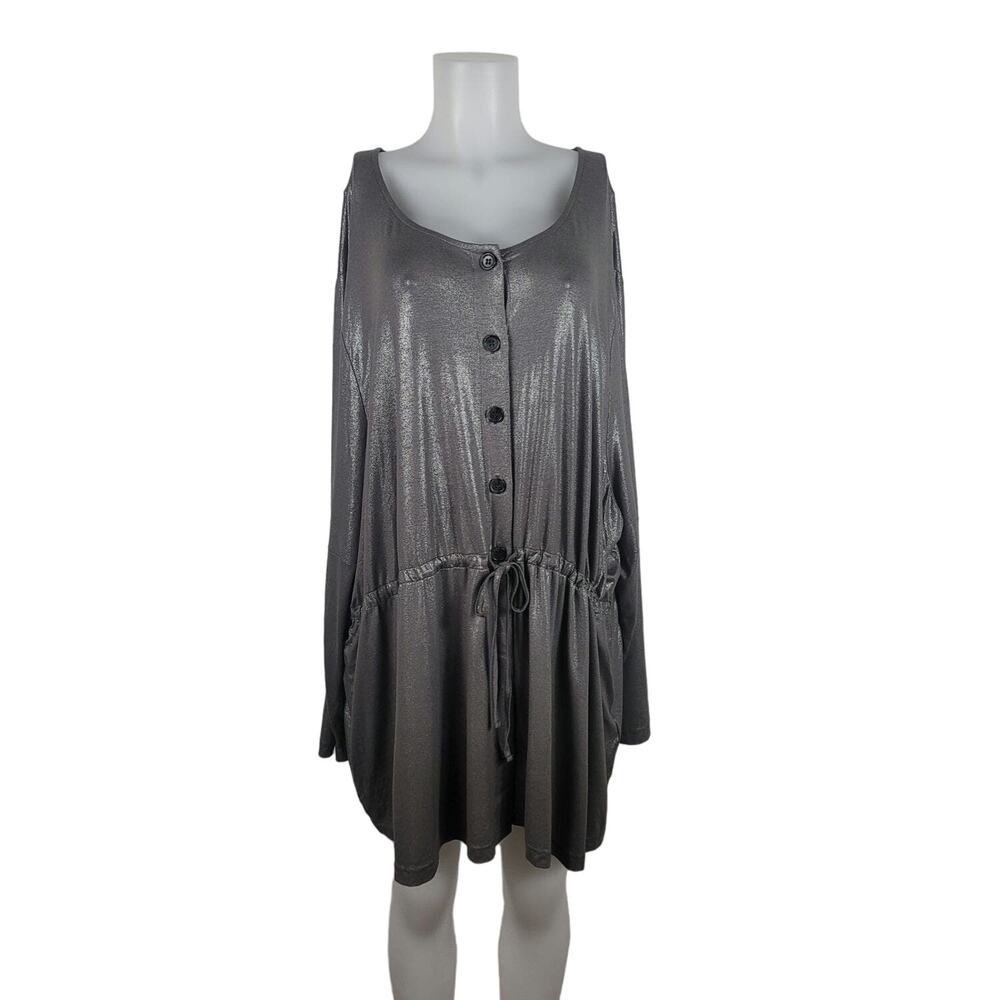 Ulla Popken Gray Silver Shinny V Neck Button Up Draw String Waist Blouse 28/30